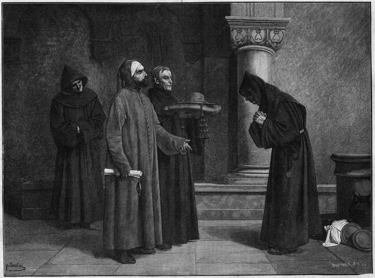 São Boaventura (Giovanni di Fidanza, conhecido como Doutor Seraphique, San Bonaventura) (1221-1274) recebendo o chapéu do cardeal. Ele foi consagrado Cardeal-Eveque de Albano em 1273 por Gregoire X em 1273. Gravura de Bauchart da pintura de Santar. de French School