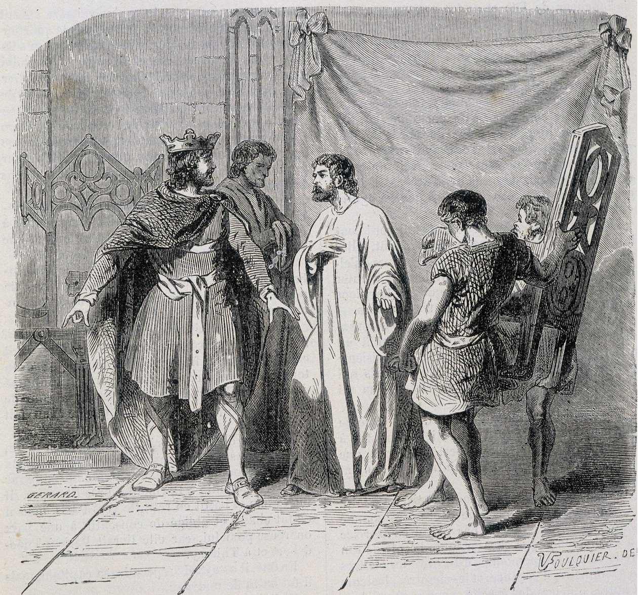São Eloi e Dagobert: Dagobert ficou espantado quando Eloi lhe apresentou a segunda poltrona - grav. Século XIX de French School