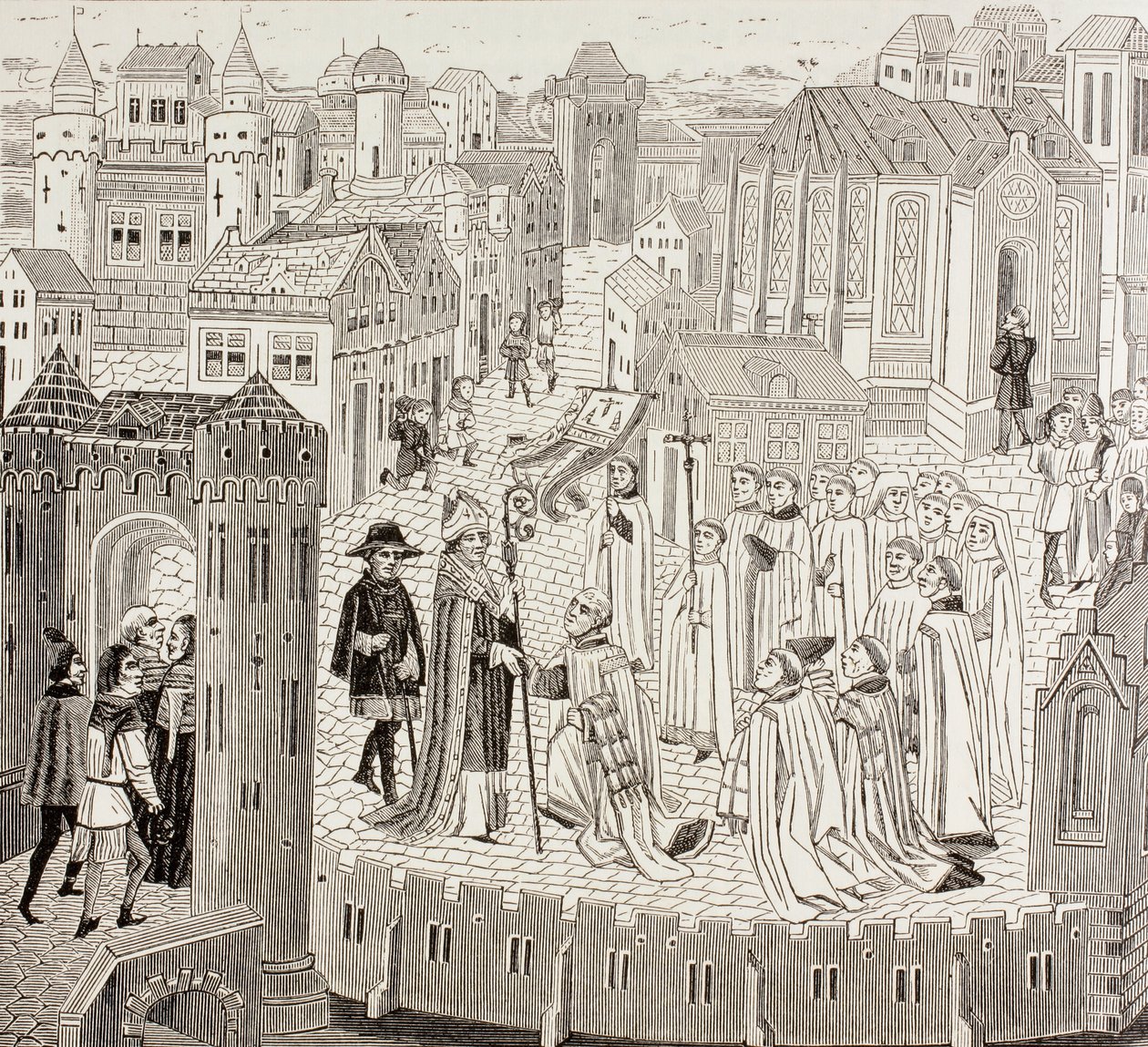 São Gaugericus, Bispo de Cambrai, chegando à cidade para sua nomeação, de "A vida militar e religiosa na Idade Média" por Paul Lacroix, publicou Londres c.1880 de French School