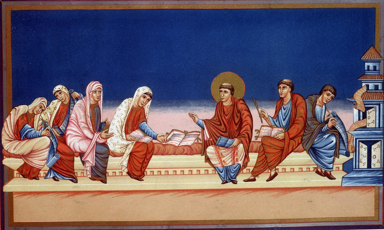 São Jerônimo explicando o Evangelho a Eustóquia e Paula, século IX. de French School