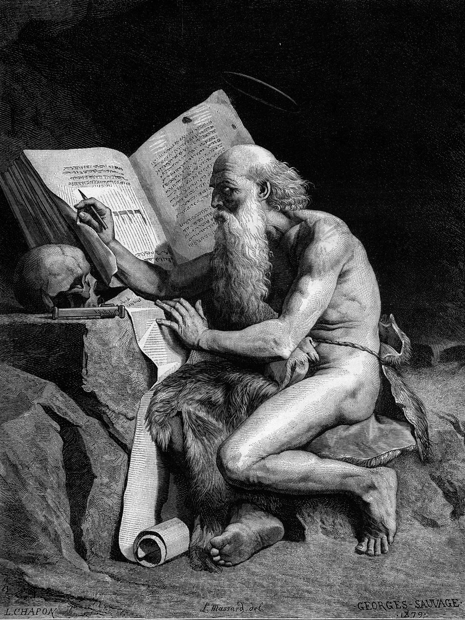 São Jerônimo no deserto. Gravura após a pintura de Georges Sauvage (Auguste Albert Georges Sauvage dit) (século XIX). Gravura em "Le Monde Illustré" n°1196 de 28 de fevereiro de French School