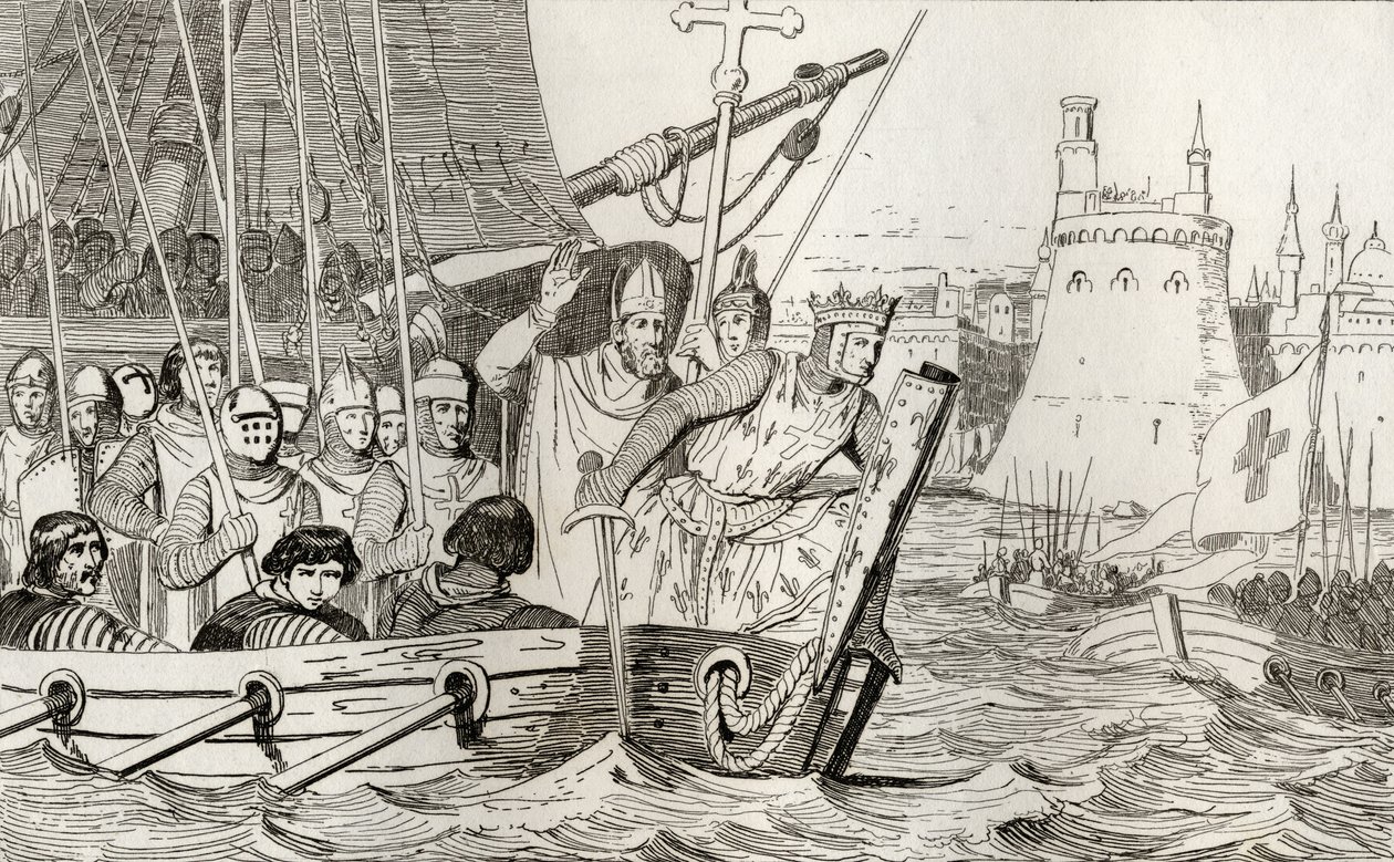 São Luís IX (1214-70) conduz suas tropas em batalha, de &39;Histoire de France&39; por Colart, publicado em 1840 de French School