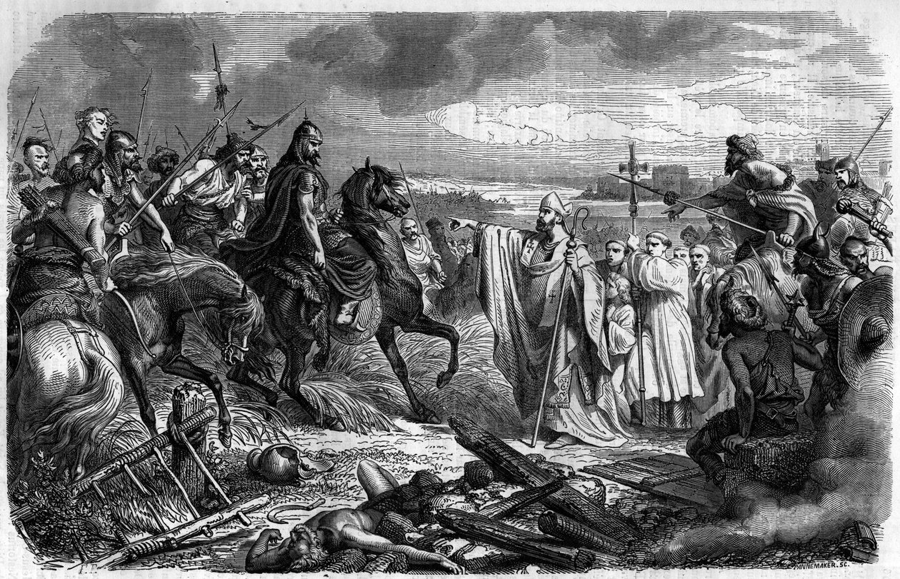 Saint Loup (ou Saint-Loup, v. 383-479), eveque de Troyes salva a cidade da ira de Átila (v. 406-453) o rei das tribos hunas em 451 - Invasões bárbaras - Gravação em "Histoire des Papes-King-Queen-and-Empereurs a travessa les séculos" por Ma de French School