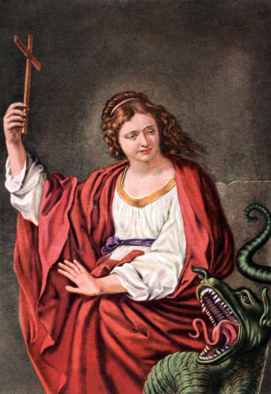 Santa Margherita e o dragão, de um "Conjunto de Cartões Postais Educativos Religiosos", c.1950 (cor litho) de French School