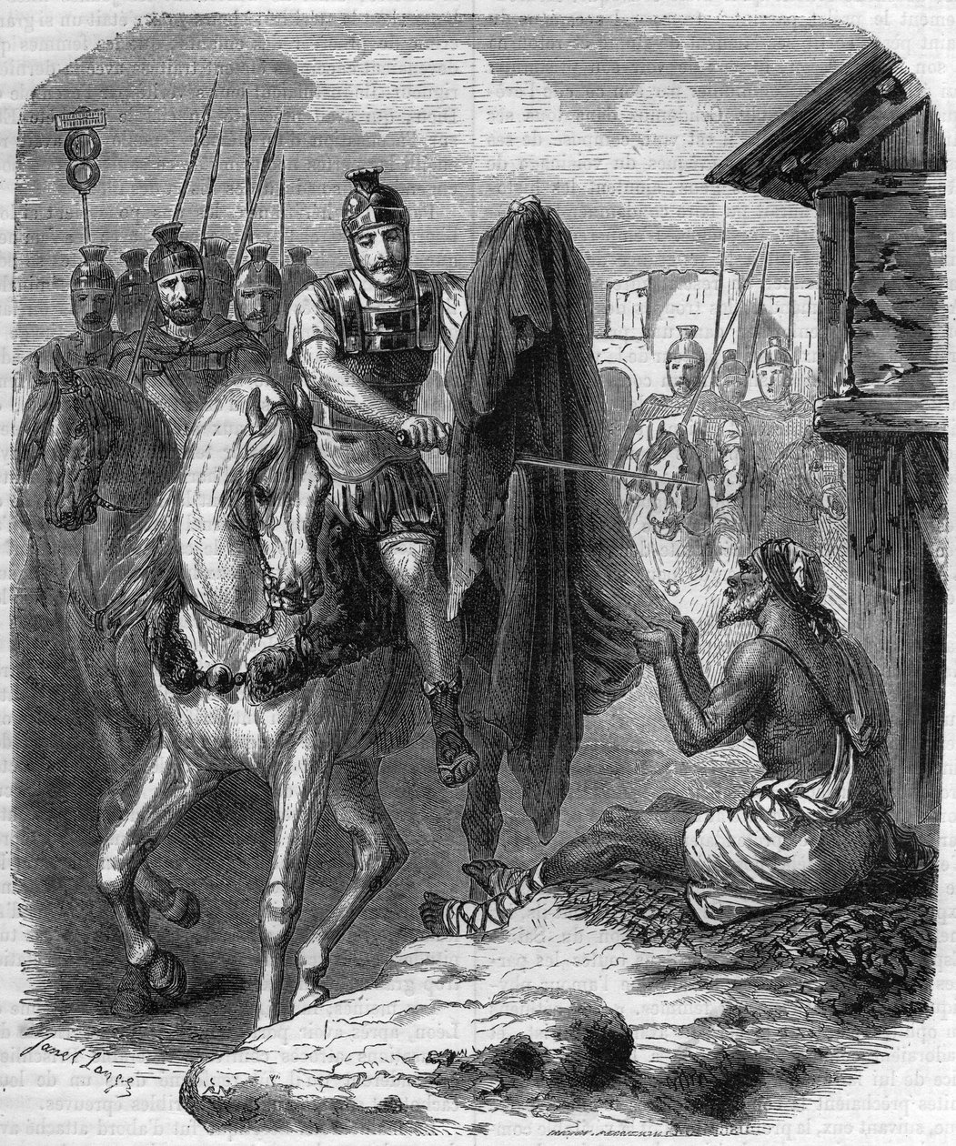 Saint Martin de Tours (Saint-Martin-de-Tours, v. 316-397) fazendo duas peças do seu casaco para o dar a um homem pobre. Gravação em "Histoire des Papes-Rois-Queen and Empereurs a travessa les centuries" de Maurice Lachatre de French School