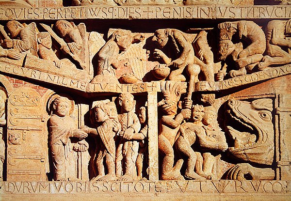 São Pedro recebe os abençoados no céu e os condenados caem nas garras do inferno, detalhe do Juízo Final no Tímpano do Portal Oeste, c.1135 de French School