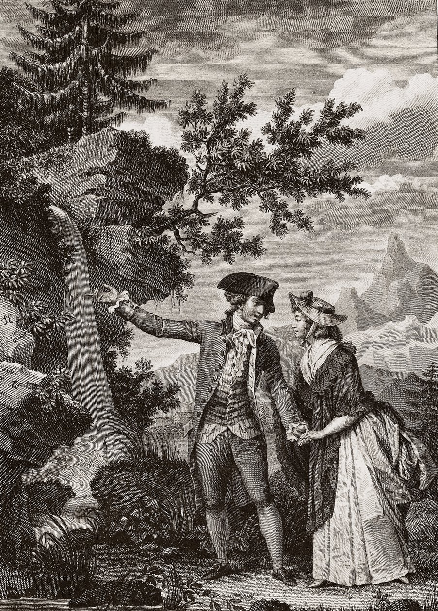 Gravura de São Preux e Julie de 1793 para "Julie ou la nouvelle Heloise" do filósofo suíço Jean Jacques (Jean-Jacques) Rousseau (1712-1778) - Julie e Saint-Preux, ilustração de "La Nouvelle Heloise" de Jean-Jacques Rousseau (1712-78) (gravura) de French School