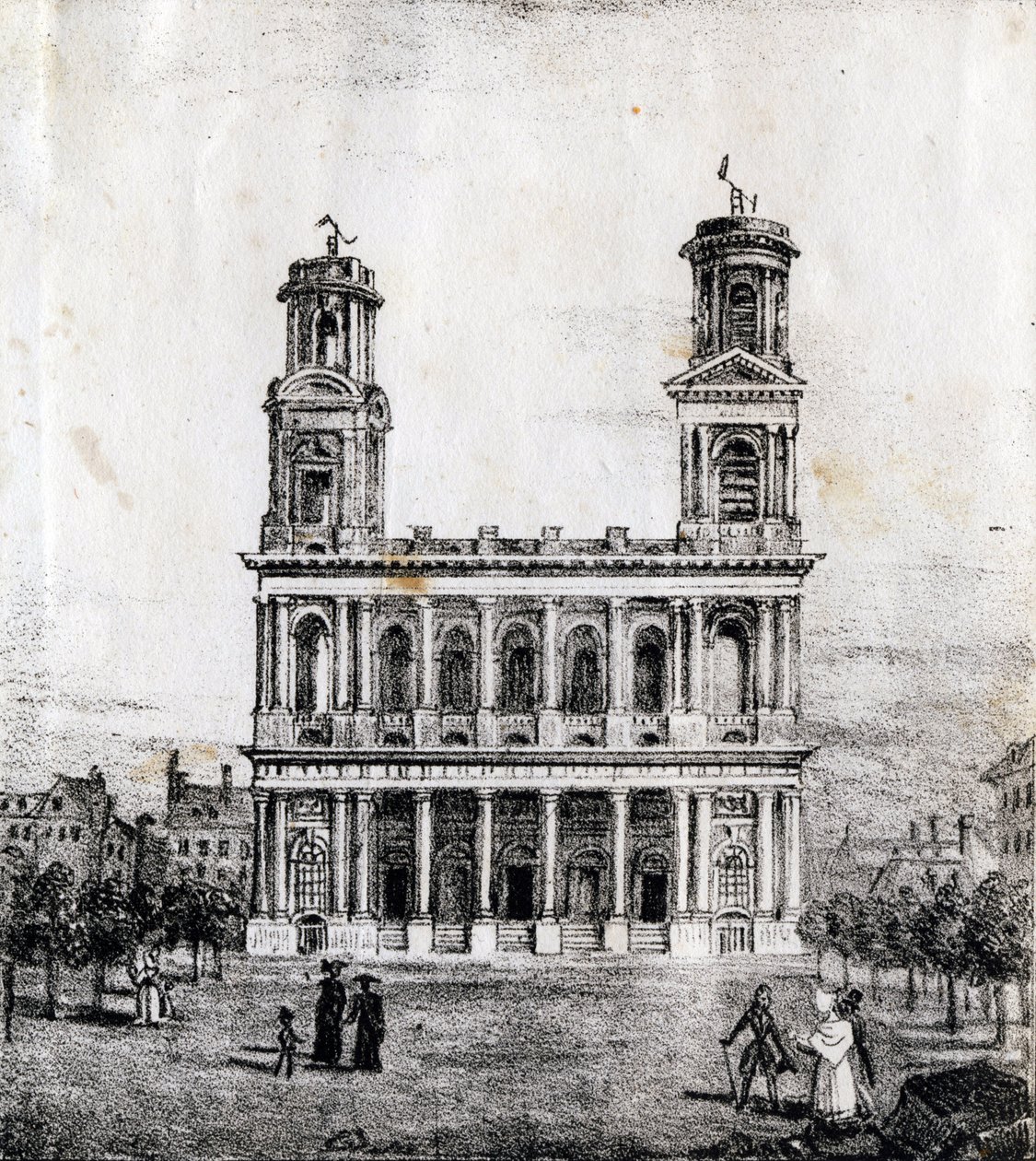 Igreja Saint Sulpice, Paris - "Alphabet Picturesque des Monumens de Paris" c.1840 (gravura) de French School