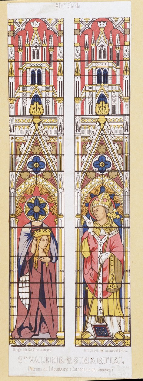 Santa Valerie, virgem e mártir em Limoges (século III) e Santa Marcial, eveque de Limoges (século III), patronos da Aquitânia. Fac-símile reproduzindo os vitrais da Catedral de Limoges. de French School