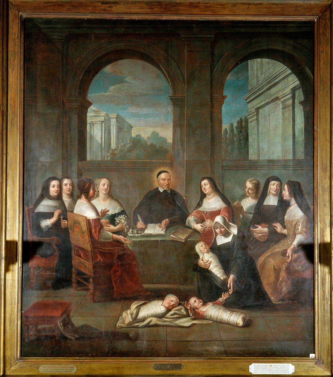 São Vicente de Paulo e as damas da caridade Representação de São Vicente de Paulo, sacerdote, fundador do estabelecimento das filhas da Caridade em 1634 (1576-1660) rodeado de freiras que cuidam de recém-nascidos e damas da caridade. Pintura anônima o de French School