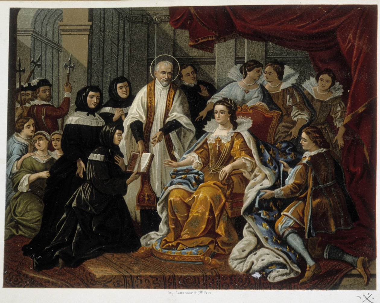 São Vicente de Paulo apresenta a Ana da Áustria as primeiras Filhas da Caridade (também chamadas "Irmãs de São Vicente de Paulo") - de uma pintura do século XVIII. de French School