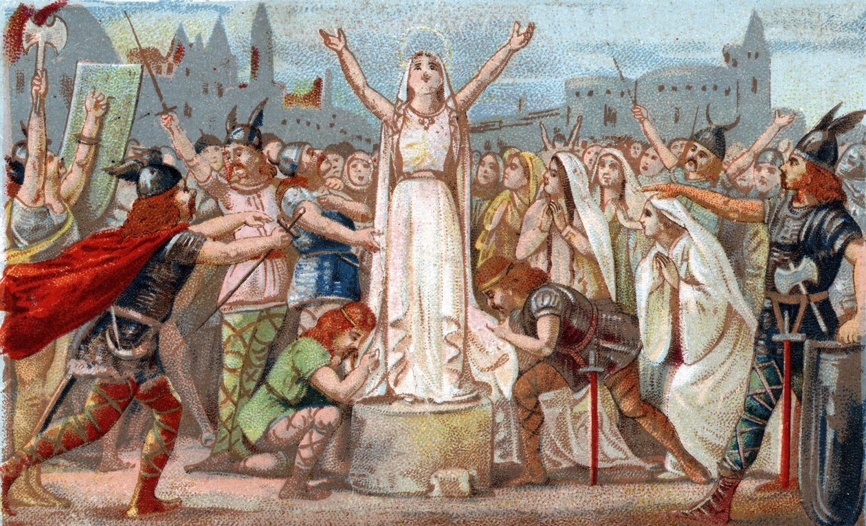 Sainte Genevieve, organizou a defesa de Paris contra as hordas hunas de Átila e tranquilizou o povo de Paris em 451. Cromolitografia do final do século XIX. de French School