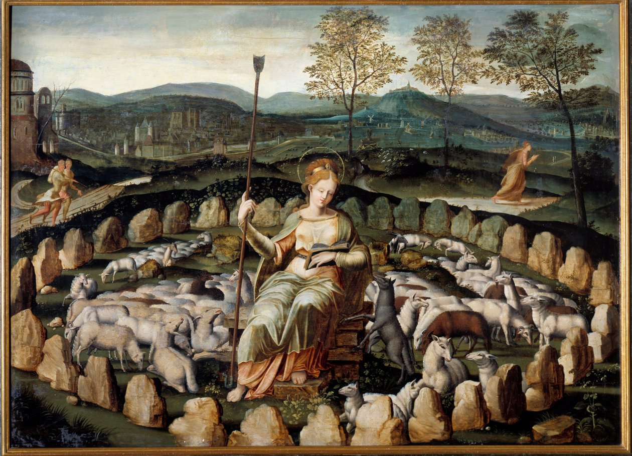 Sainte Genevieve, santa padroeira de Paris, mantendo suas ovelhas Pintura da escola francesa, da igreja de Saint Merri em Paris de French School