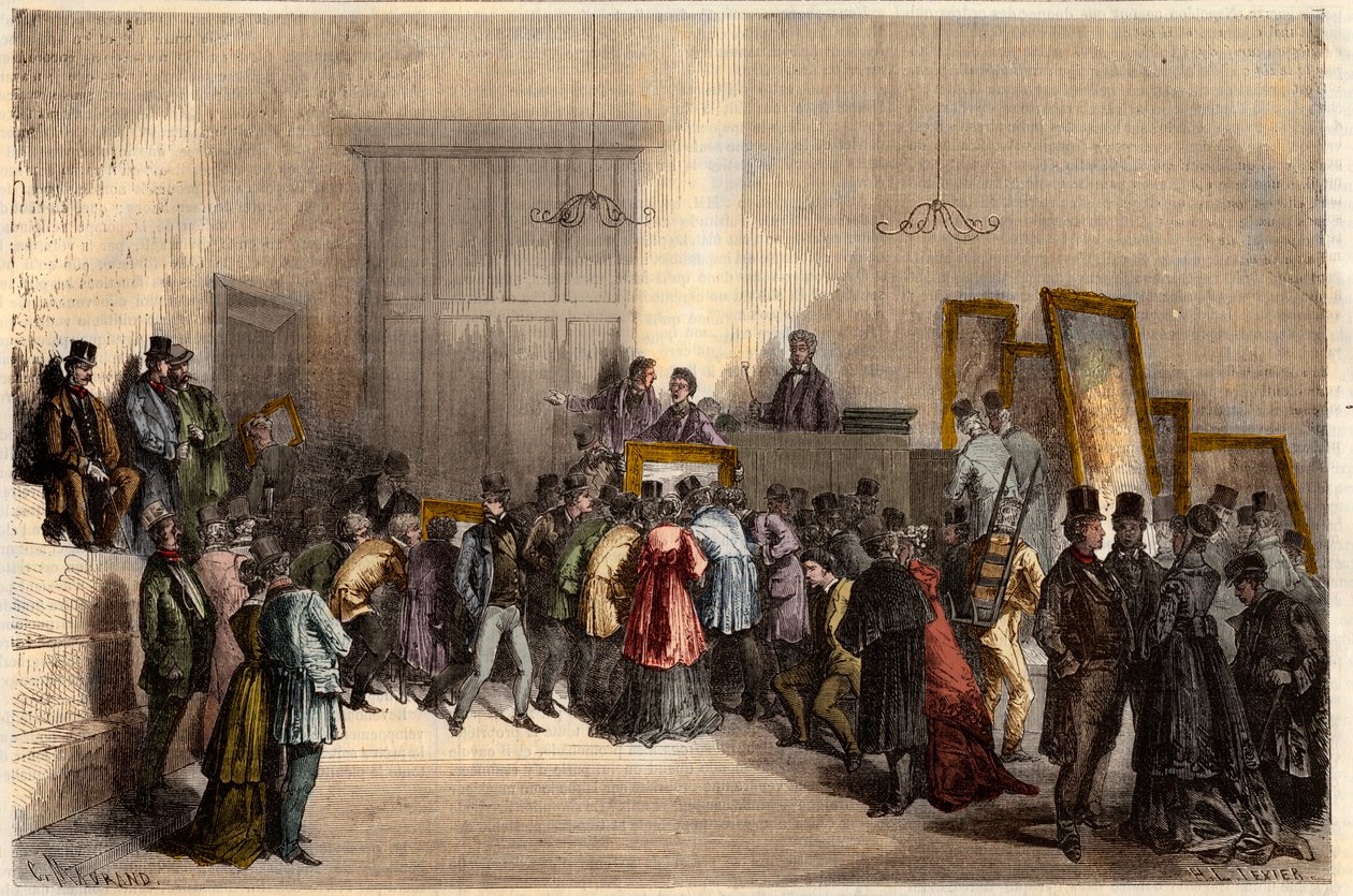 Venda de quadros no hotel dos leiloeiros em Paris, em 1868. Gravura em "L