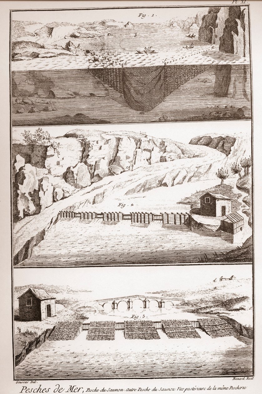 Técnicas de pesca do salmão - Enciclopédia ou Dicionário das Ciências, Artes e Profissões de Denis Diderot (1713-1784) e Jean d