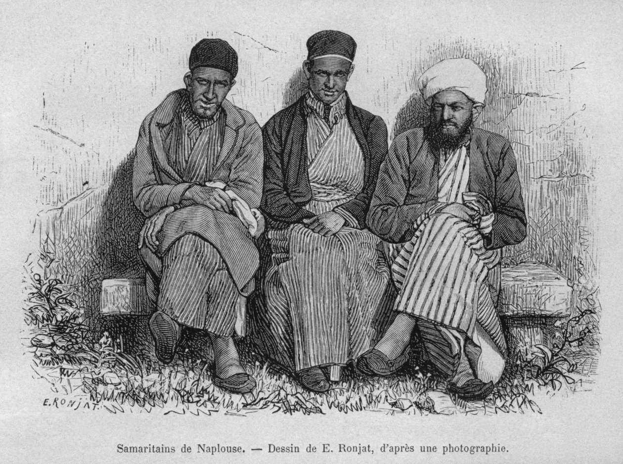 Samaritanos de Nablus, da Síria hoje. Viajar para a Fenícia, o Líbano e a Judéia. 1875-1880 de Louis Charles Emile Lortet, 1884 (gravura do bw) de French School