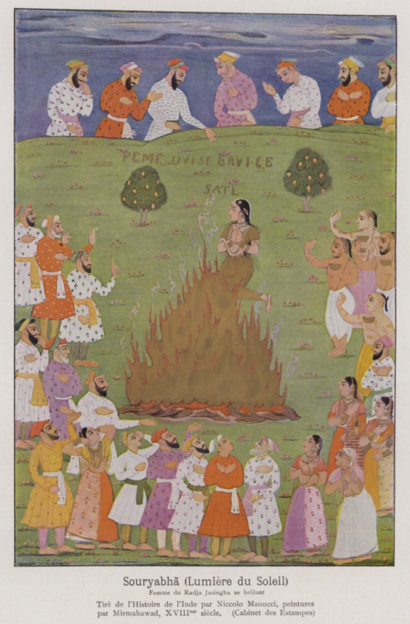 Sati, a tradição de uma viúva que se imola na pira funerária do seu marido na Índia (litografia a cores) de French School