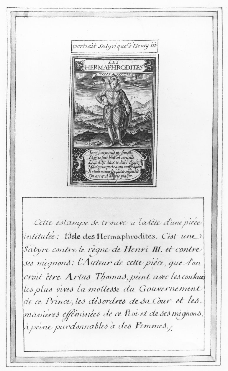 Retrato satírico de Henri III, de &39;L&39;Isle des Hermaphrodites&39;, de Claude-Gilbert Dubois (gravura) de French School