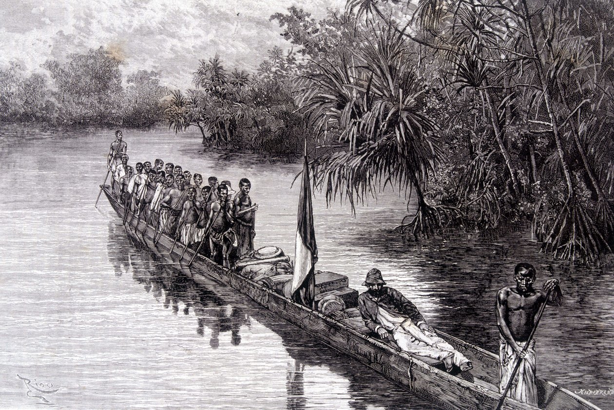 Savorgnan de Brazza numa canoa no pandano da África Ocidental - em "Tour du Monde", 2ª semana de 1887 de French School