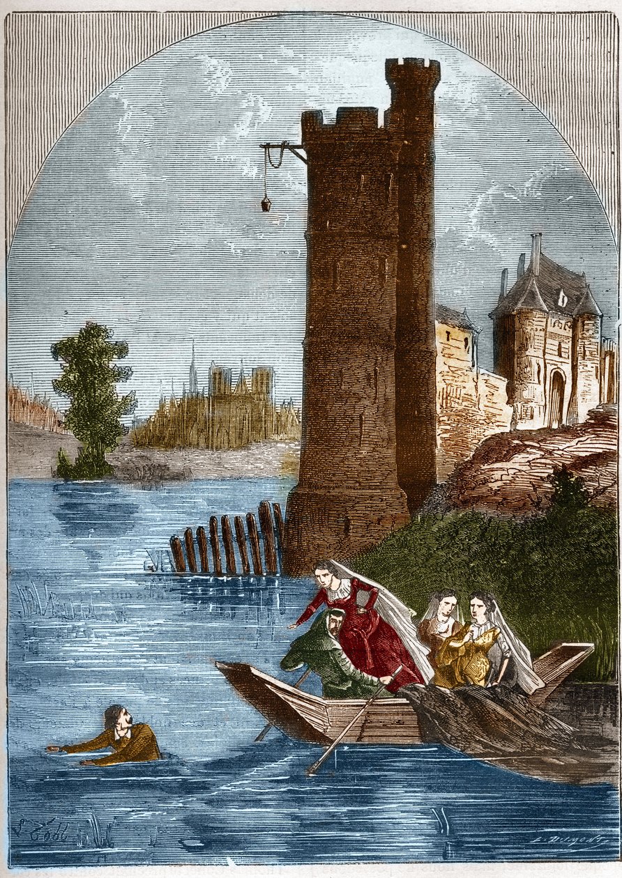 Escândalo (caso) da torre da Nesle: Buridan conseguiu escapar da torre de Nesle em Paris em 1314 apesar da emboscada montada pela Rainha Marguerite de Borgonha (1290-1315). Gravação em "Histoire de la prostitution et de la debauche dans les peuples du g de French School