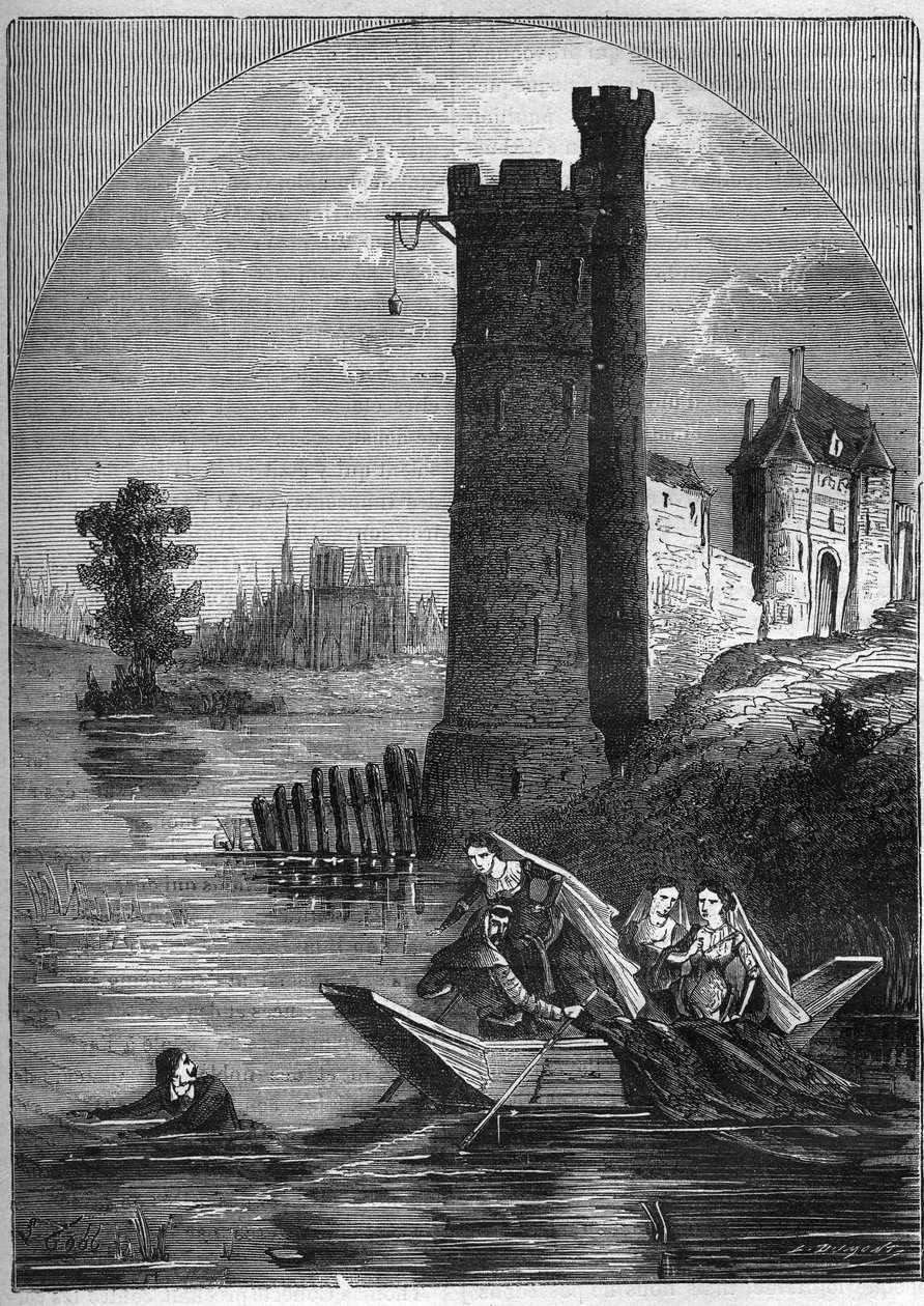 Escândalo (caso) da torre da Nesle: Jean Buridan conseguiu escapar da torre de Nesle em 1314 apesar da emboscada montada pela Rainha Marguerite de Borgonha (1290-1315). Gravação no "Histoire de la prostitution et de la debauche dans les peuples du globo de French School