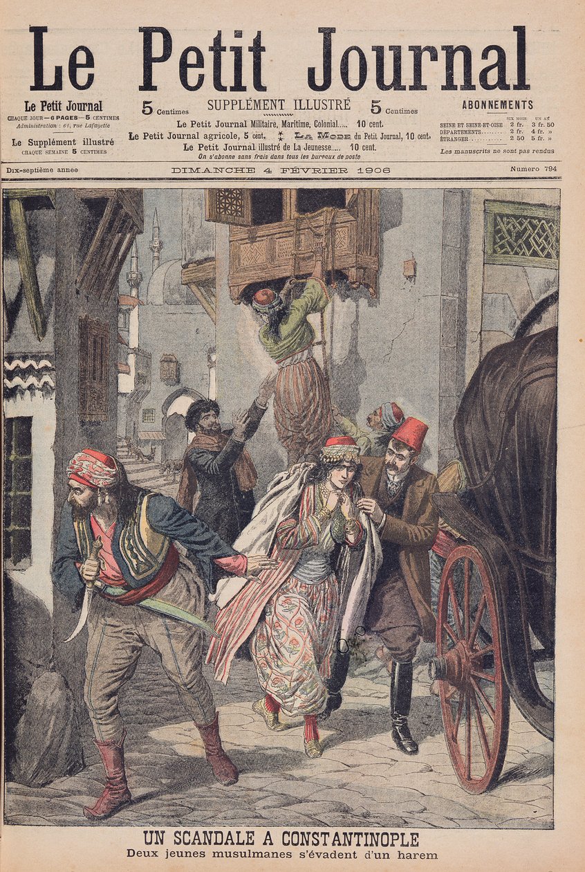 Escândalo em Constantinopla, duas jovens muçulmanas fugindo de um harém, ilustração de &39;Le Petit Journal&39;, 4 de fevereiro de 1906 de French School