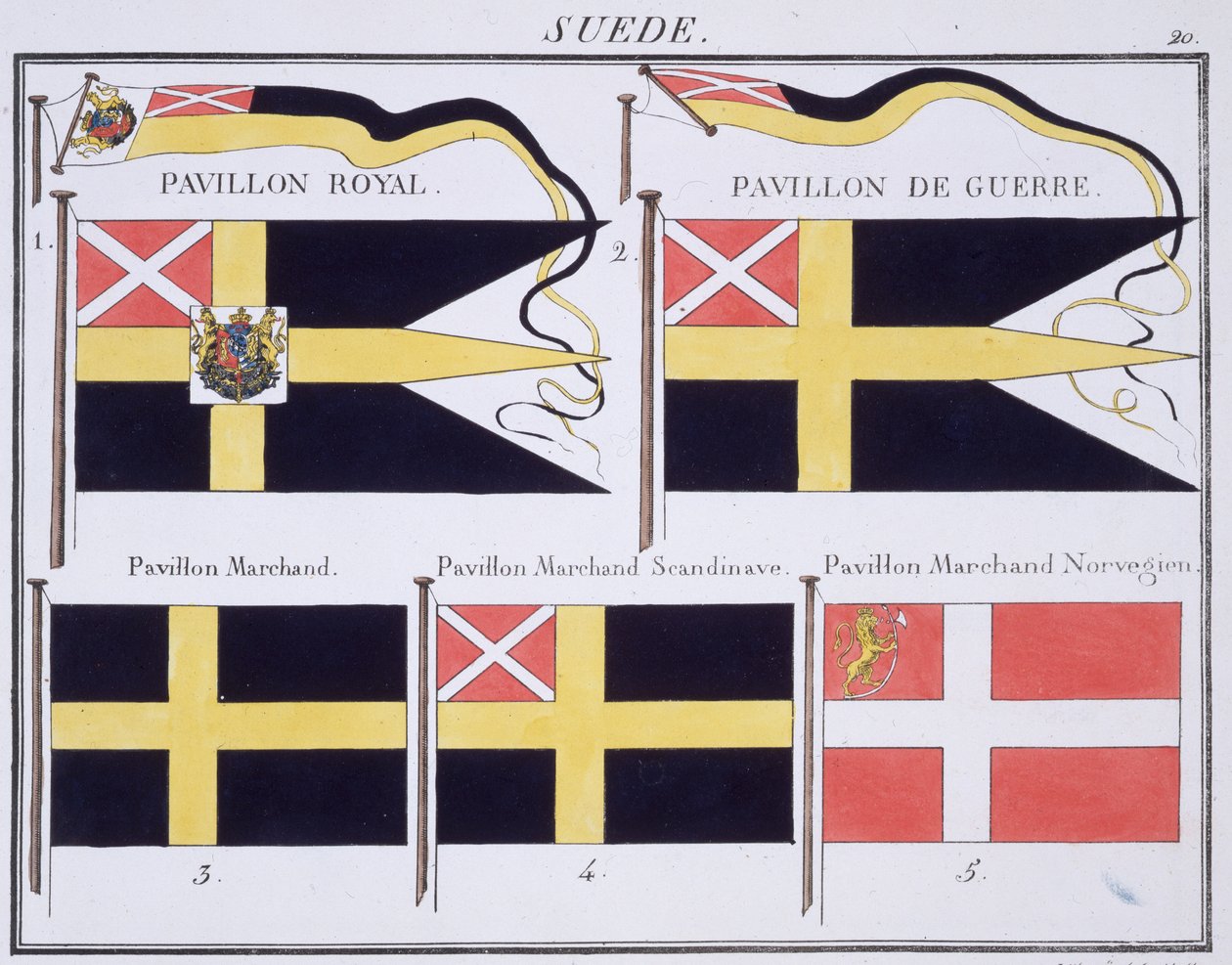 Bandeiras escandinavas, de um livro francês de bandeiras, c.1819 de French School