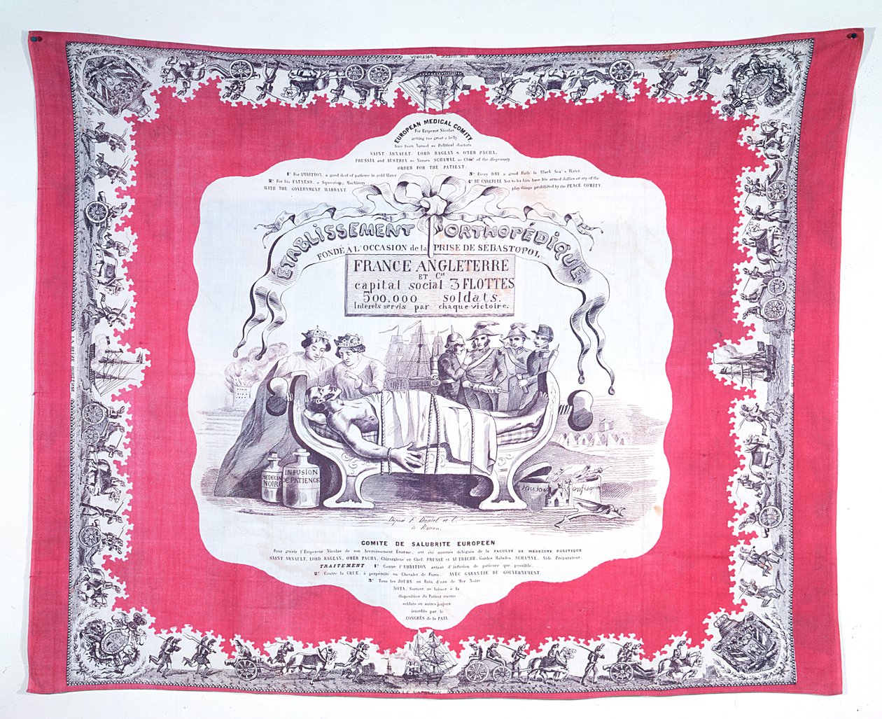 Cachecol caricaturando a Rússia, doente pela ganância e ambição durante a Guerra da Crimeia, c.1856 (seda estampada) de French School