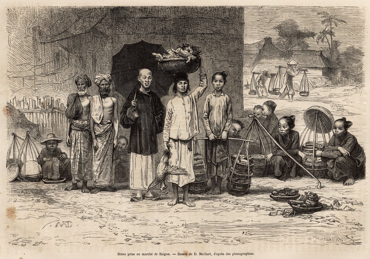 Cena du marche de Saigon, gravada após um desenho de D.Maillard, ilustrando a viagem a Cochinchine, do Dr. Morice, em 1872, publicada em "Le tour du monde" 1875, editada por Edouard Charton, edição Hachette, Paris. Coleção Selva. de French School