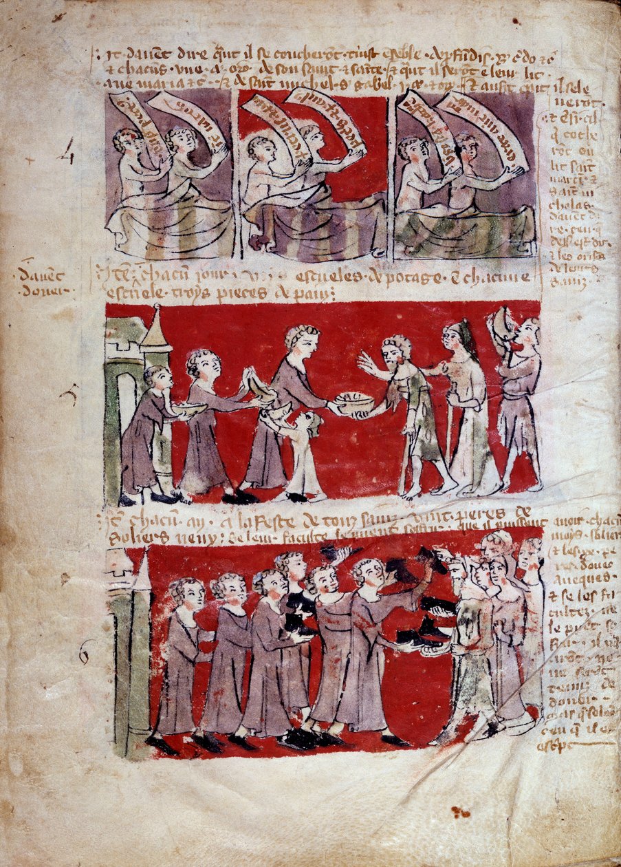 Cena da vida estudantil no Hubant College ou na Ave Maria em Paris Cenas da vida estudantil e regulamentos universitários. Faixas de 4 a 6. Página de manuscrito "Livre des statutes du College de Hubant ou de l