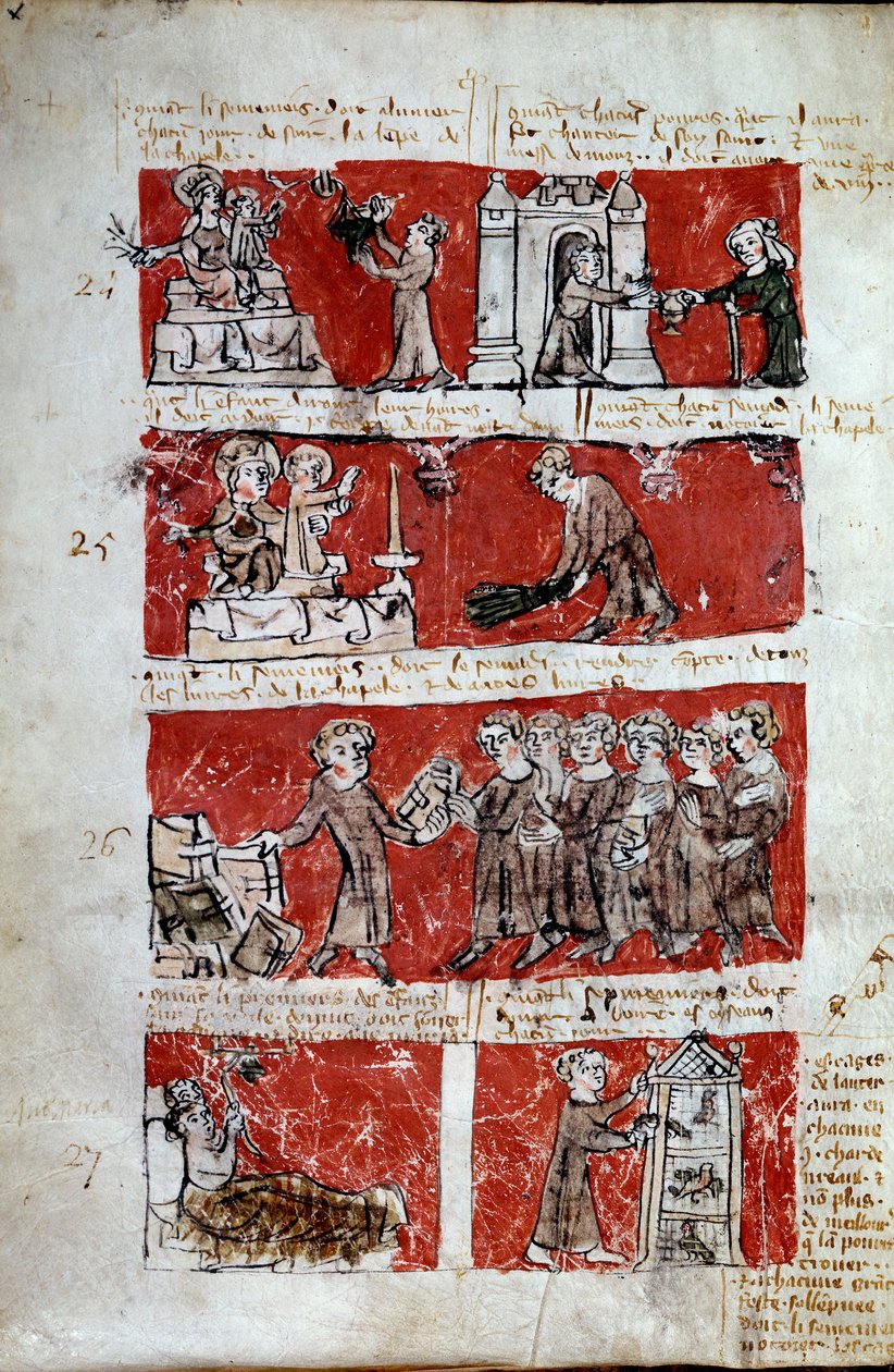 Cena da vida estudantil no Colégio de Hubant ou Ave Maria em Paris Cenas da vida estudantil (obras de caridade, distribuição de livros, manutenção do pátio inferior) e regulamentos do colégio. Faixas 24 a 27. Página manuscrita "Livre des statutes du Colleg de French School