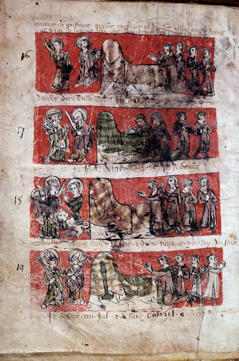 Cena da vida estudantil no Colégio de Hubant ou Ave Maria em Paris Cenas da vida estudantil (representações de evangelistas) e regulamentos do colégio. Bandas 16 a 19. Página manuscrita "Livre des statutes du College de Hubant ou de l