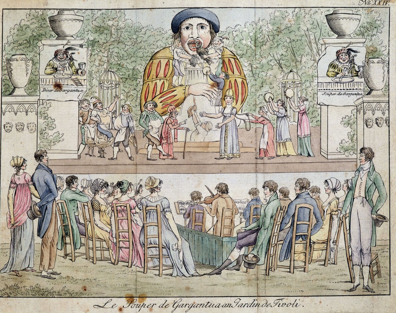 Cena do jantar do Gargantua com público, atracção do jardim do Tivoli, c. 1805. de French School