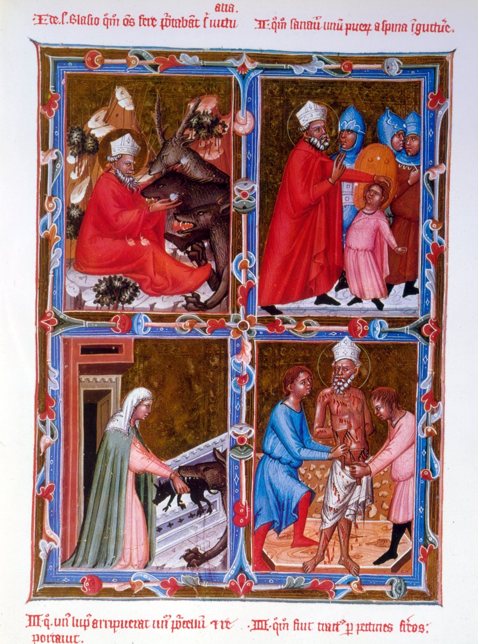 Cenas da vida de Saint Blaise, fac-símile de um manuscrito do século XV da Legendaire des Anjou-Hongrie, escola de Bolonha de French School
