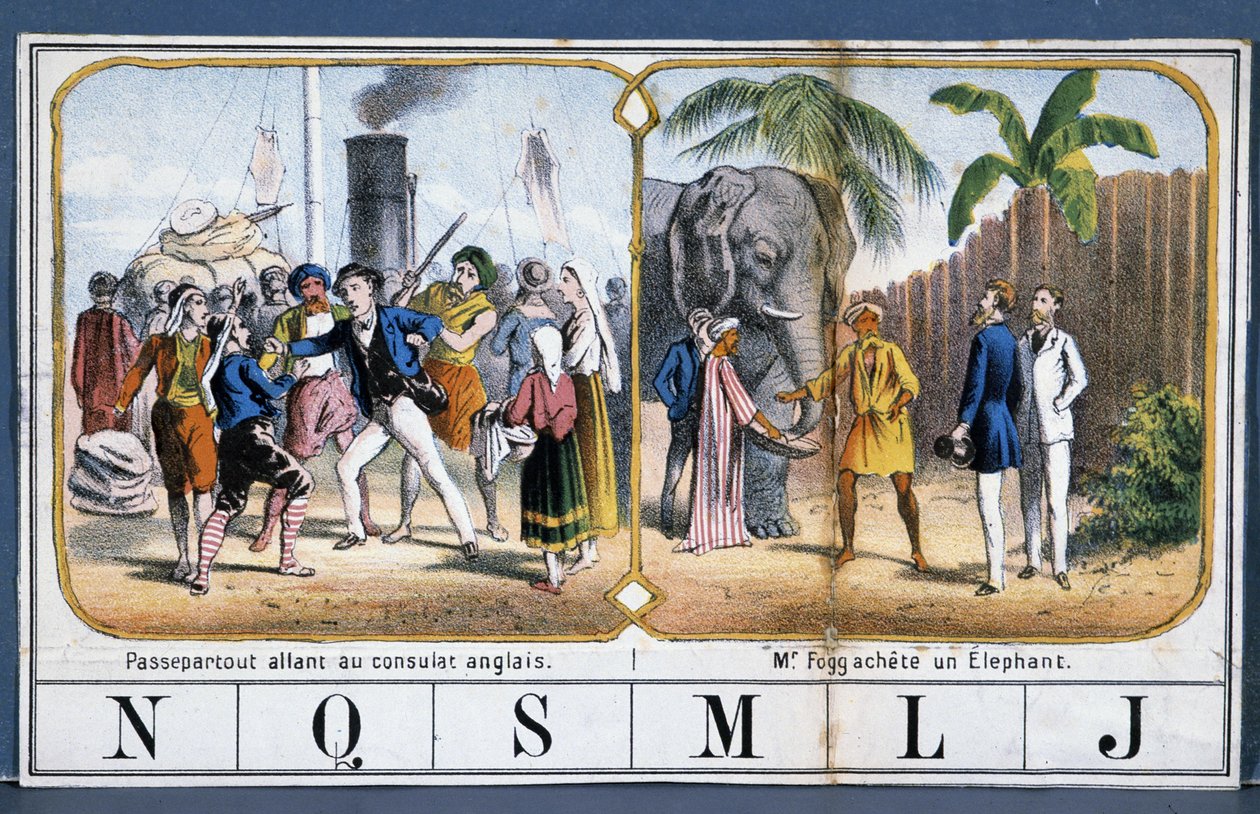 Cenas com Passepartout e Phileas Fogg na Índia, il. do jogo "A Volta ao Mundo" de Júlio Verne, n.d. final do século XIX. de French School