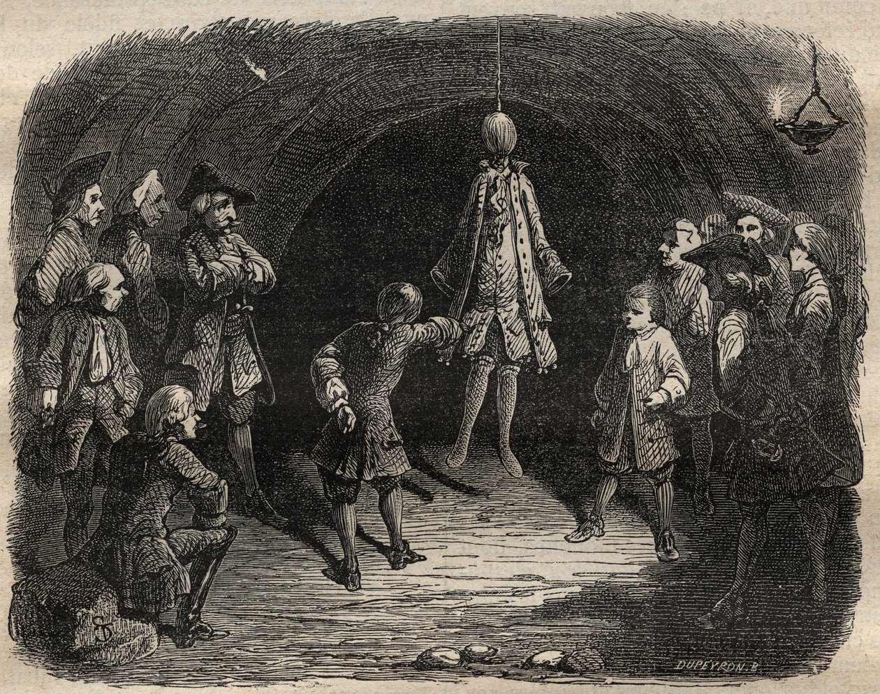 Escola de ladrões criada pelo bandido Louis Dominique Garthausen dit Cartridge (1693-1721) em uma carreira em Paris: um modelo pendurado no teto cujos bolsos devem ser esvaziados sem se mover sob pena de receber uma chuva de tiros - Escola de ladrões de French School
