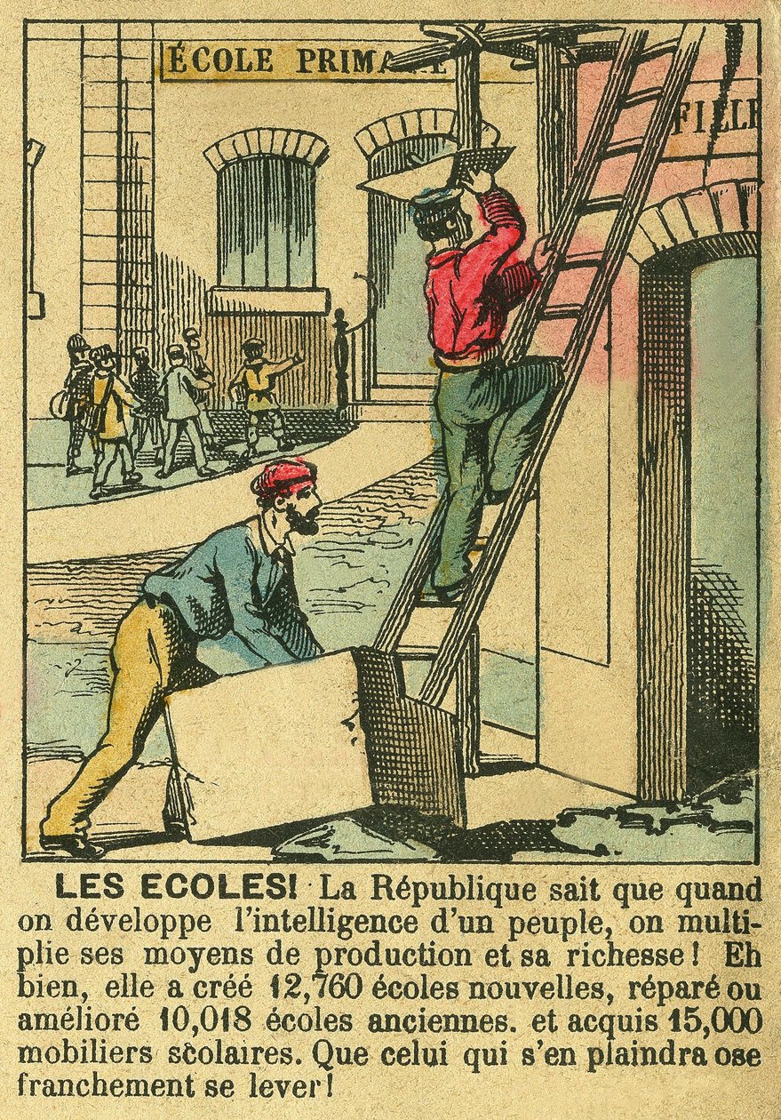 Escolas, ilustrando os benefícios da Terceira República para o desenvolvimento da educação nas escolas. Gravura, em "Le Figaro, suplemento", em 30/03/1889, Paris. Coll. Selva. de French School