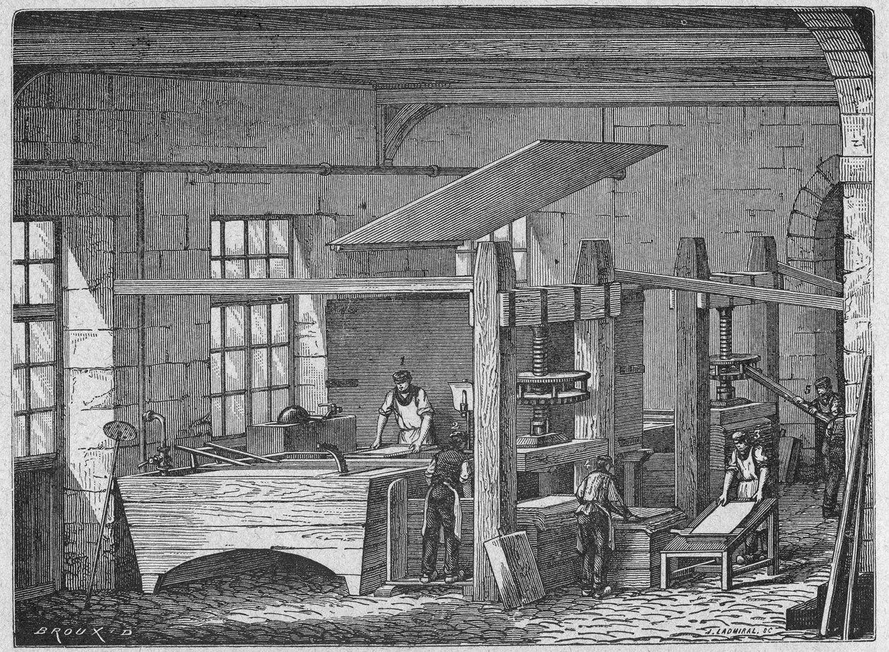 Ciência. Produção de Papel. Papel feito à mão. Gravura em: Grandes homens e grandes factos da indústria, França, c.1880 (gravura) de French School