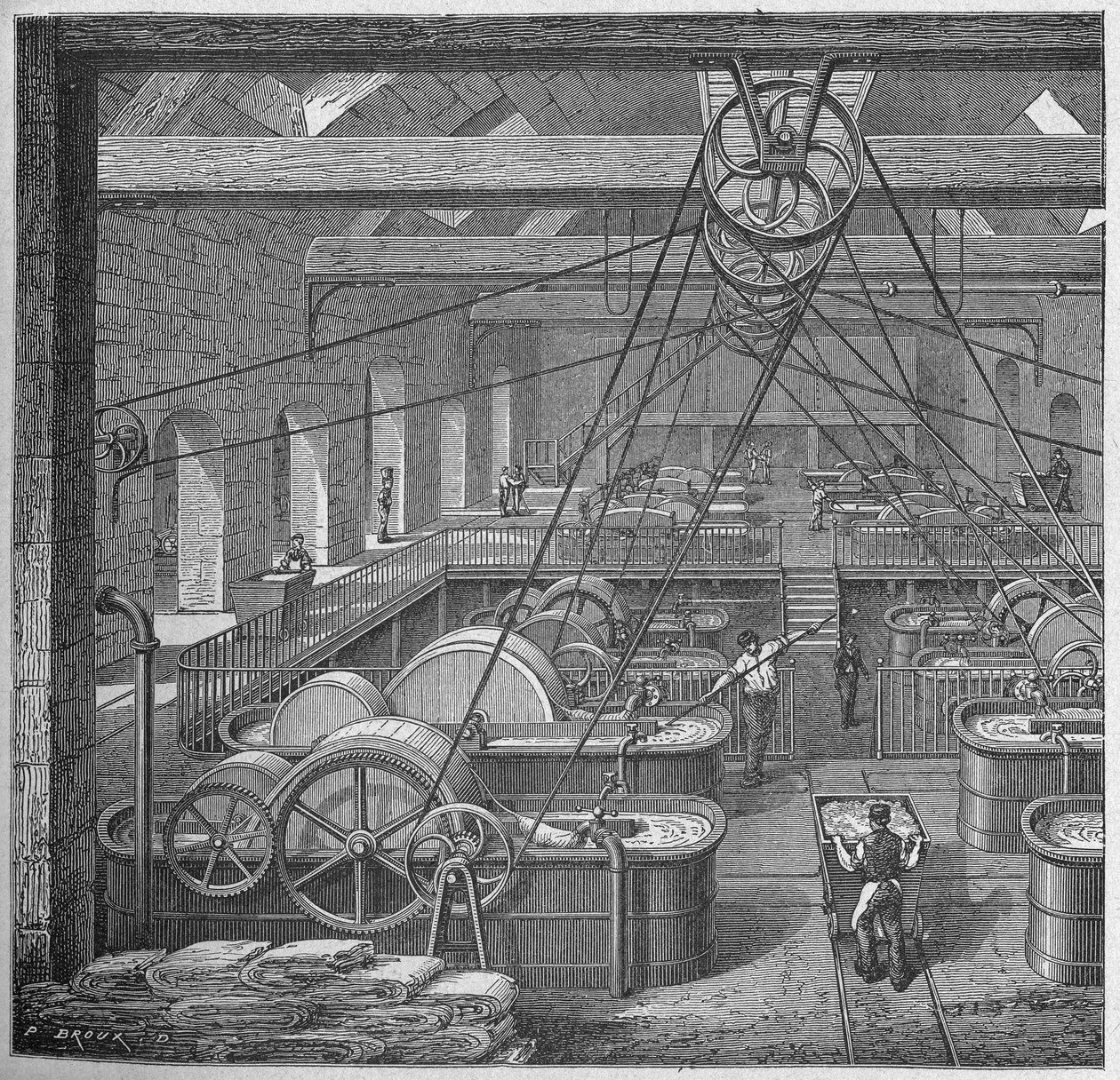 Ciência. Produção de Papel. Tubos para trapos (fabrico de papel de algodão). Gravação em: Grands hommes et grands faits de l