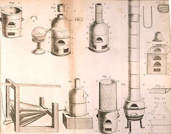 Equipamento científico, dos elementos da química por Antoine Laurent de Lavoisier (1743-94) gravado por D.Lizars, 1796 de French School