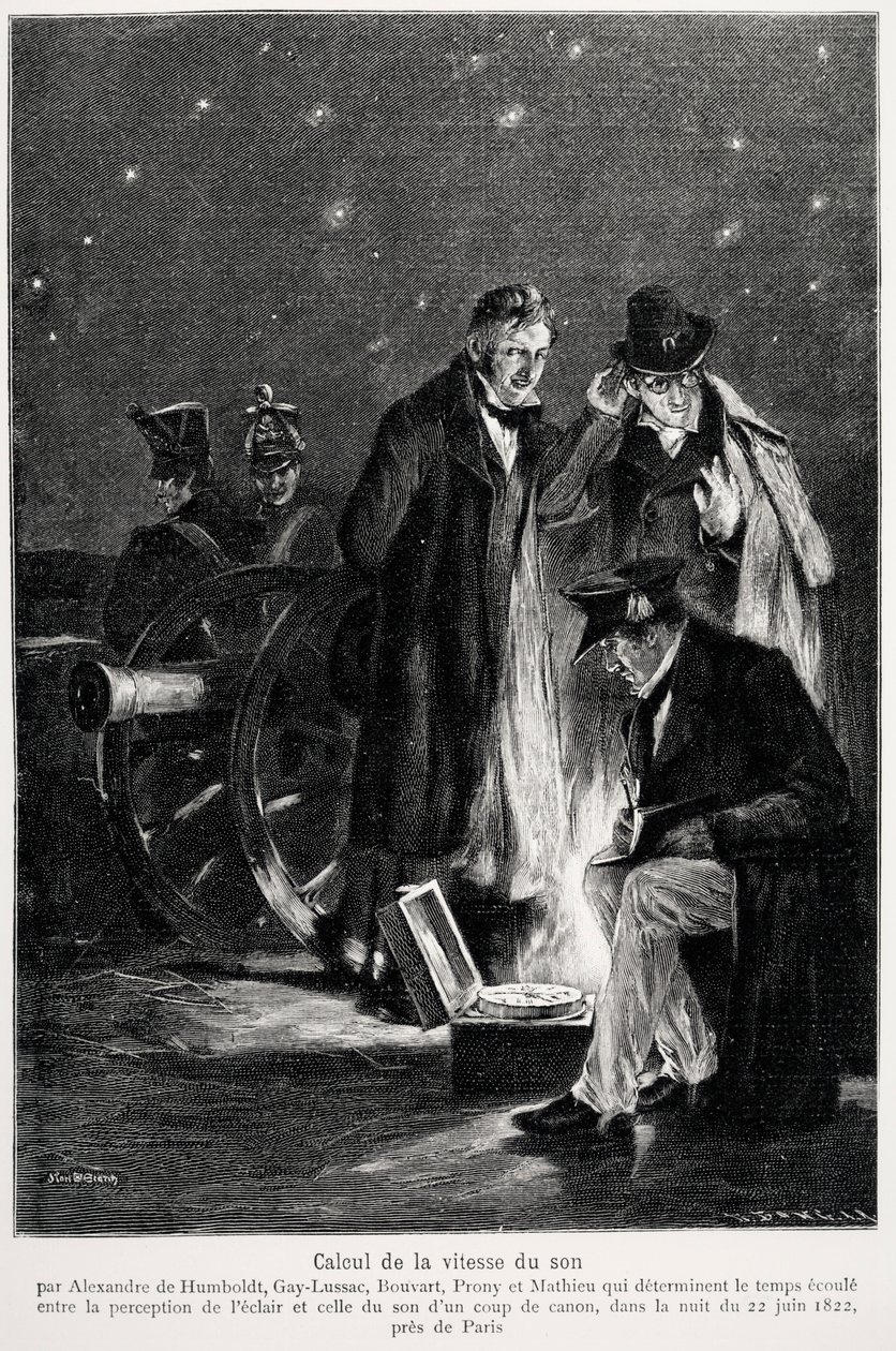 Experiência científica: o cálculo da velocidade do som, por Humboldt, Louis-Joseph Gay-Lussac (Louis Joseph Gay Lussac), Bouvard, Prony e Mathieu, que determinam o tempo decorrido entre a percepção da luz e a de um disparo de arma, na noite de French School