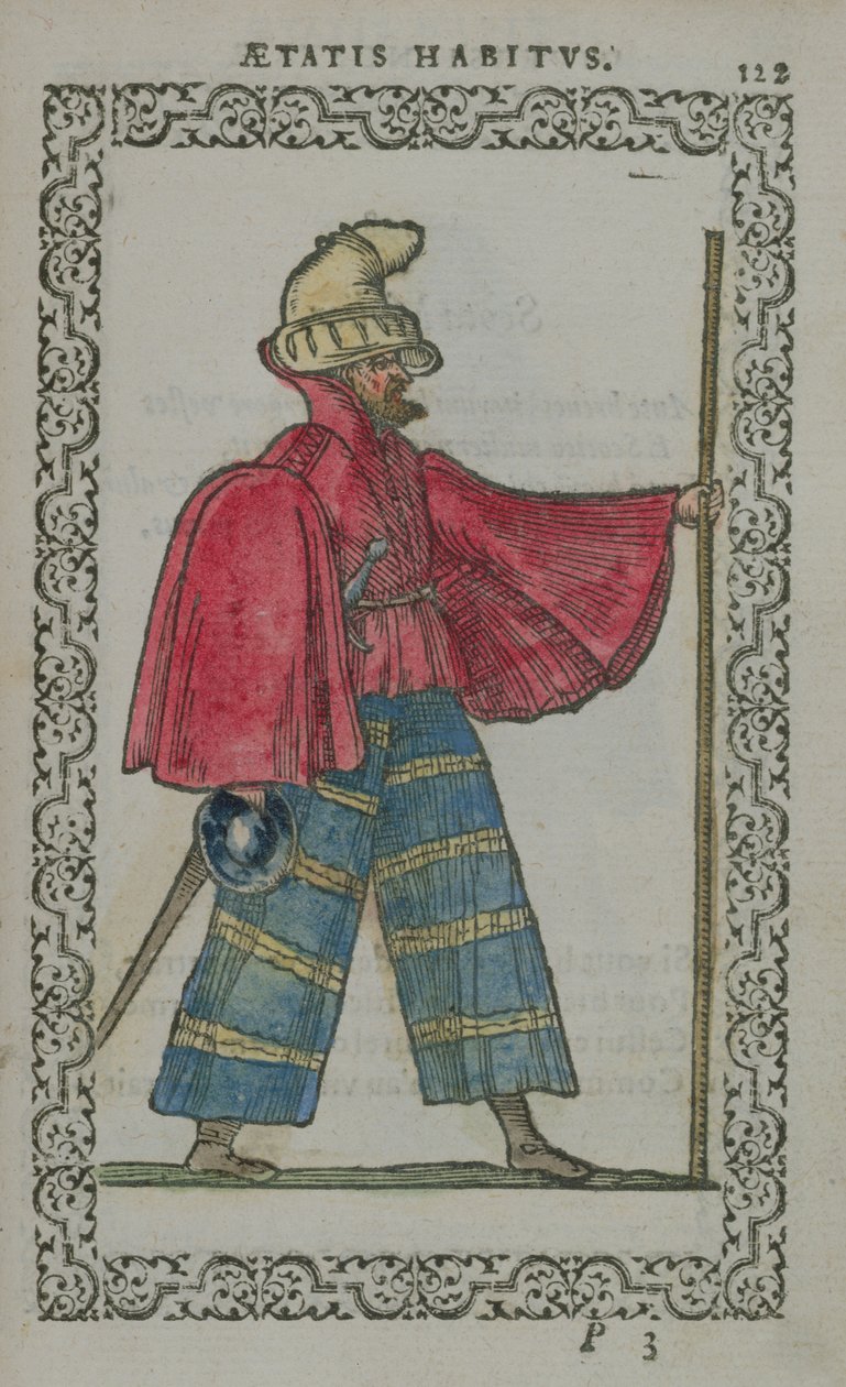 Escocês em traje nativo, de Costumes du Monde, publicado em Antuérpia, 1572 (gravura em madeira colorida) de French School