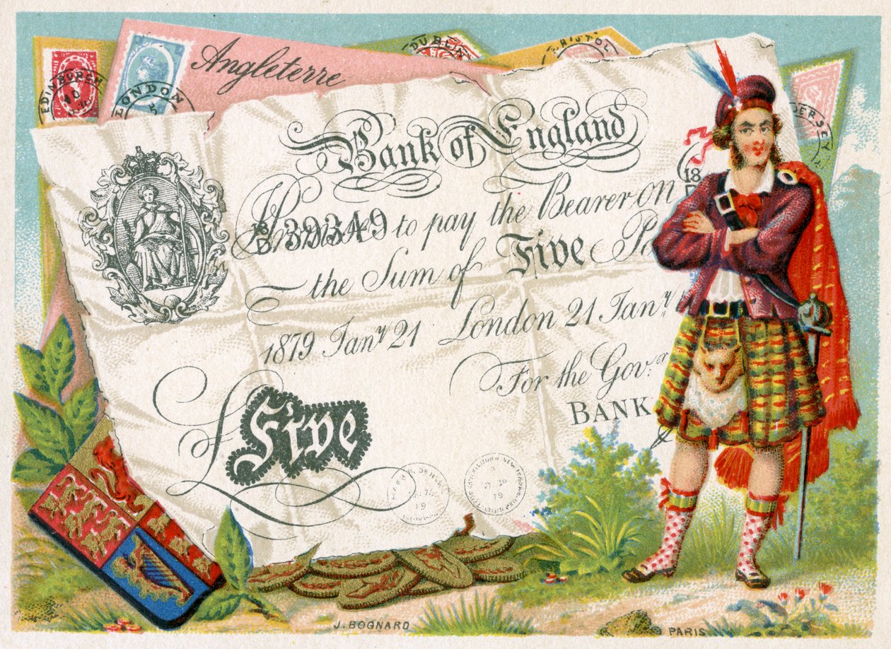 Soldado escocês que guarda um Banco da Inglaterra Five Pound Note, 1886-95 de French School