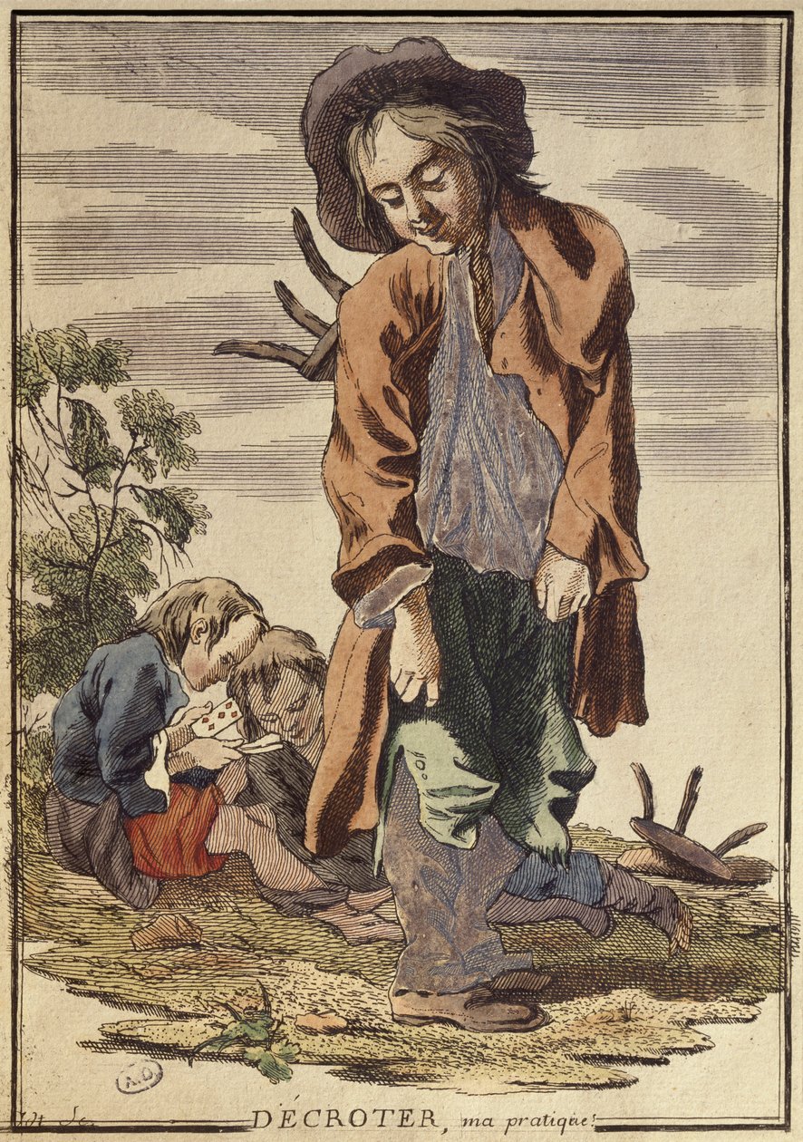Raspando a lama, minha prática (gravura colorida) de French School