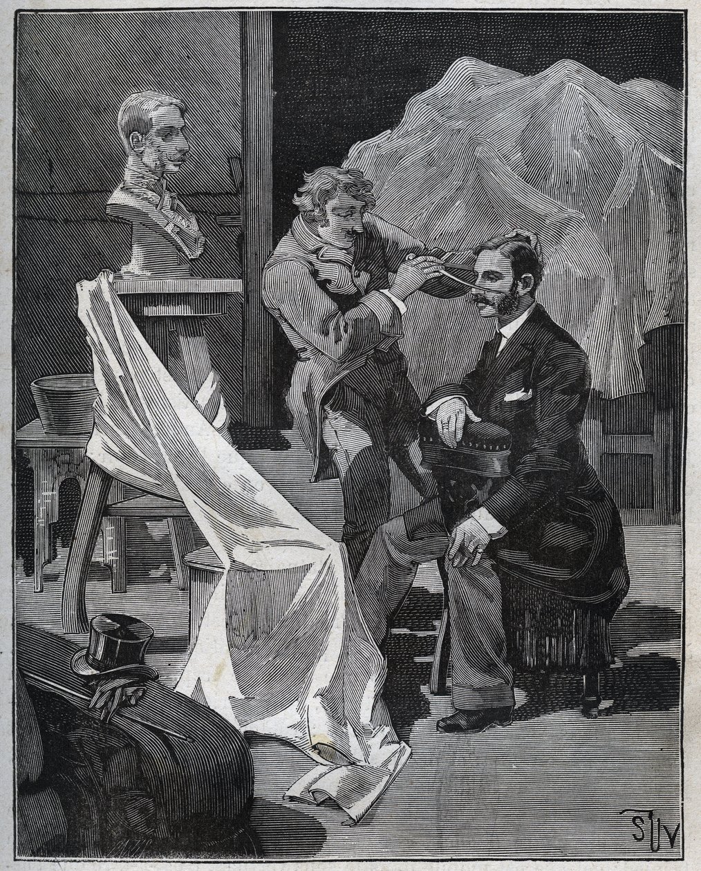 Escultura, oficina de um escultor, foco e escultura de um busto. Gravura a partir de 1880 em "Les arts et metiers illustres" de Adolphe BITARD. de French School