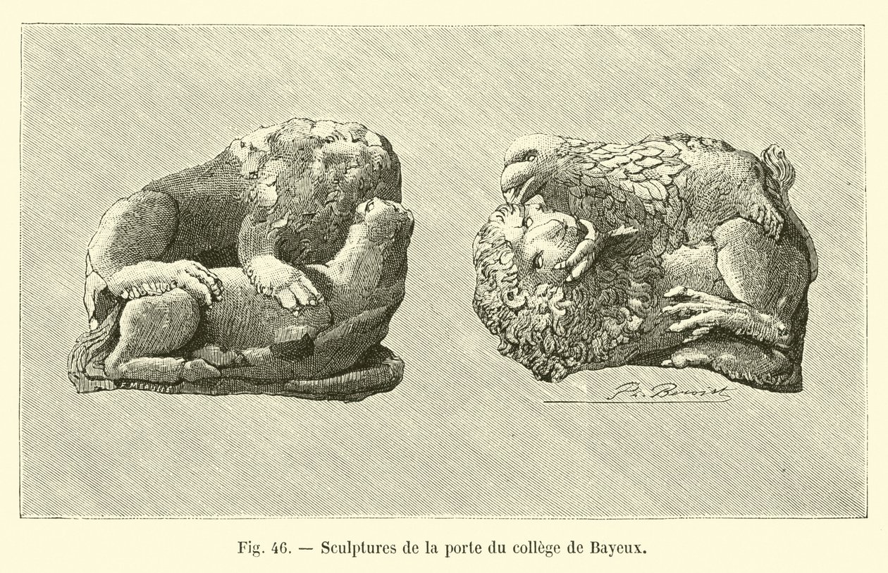 Esculturas na porta do colégio de Bayeux (gravura) de French School