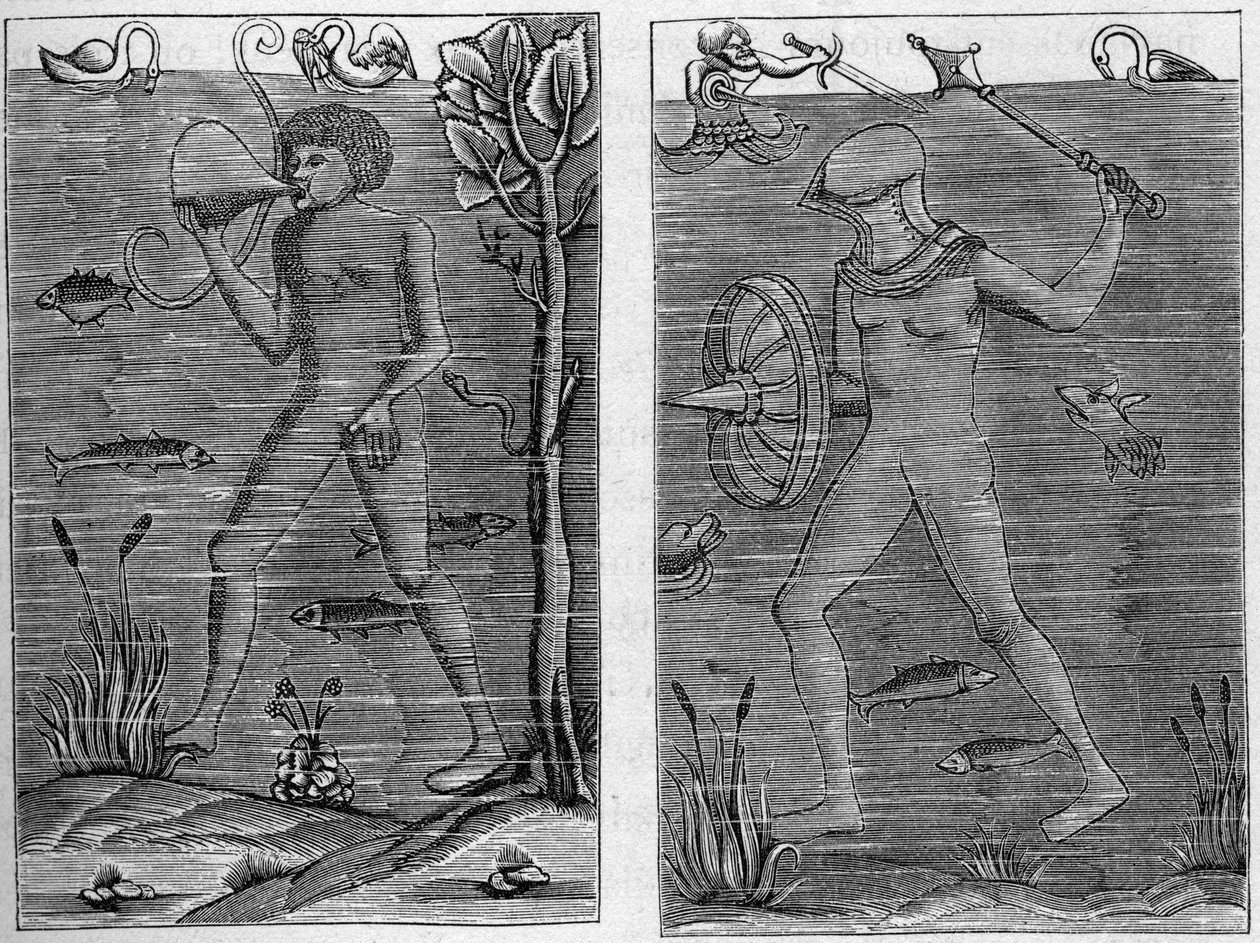 Soldado do mar: o mergulhador e o homem de armas. Gravuras de figuras de madeira do século XVI. Em "La Marine et les colonies: comércio". de French School