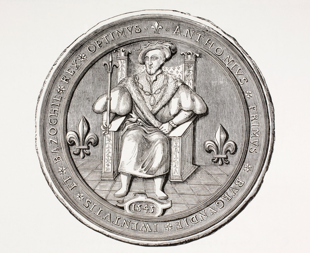 Selo do Rei da Basoche, o líder da guilda de funcionários legais do sistema judicial de Paris, de Les Arts au Moyen Age, publicado em 1873 de French School