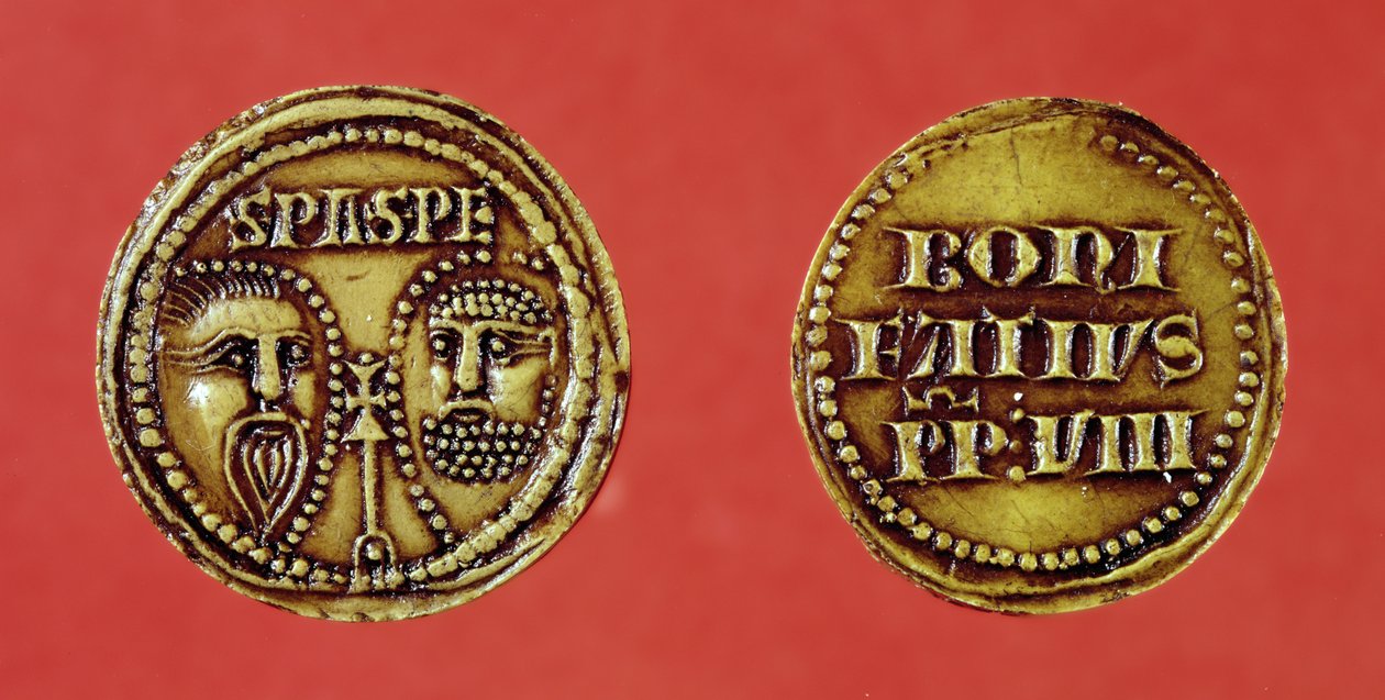 Selo com as cabeças de São Paulo e São Pedro, de uma bula do Papa Bonifácio VIII, reto e verso, 1295 (cera) de French School