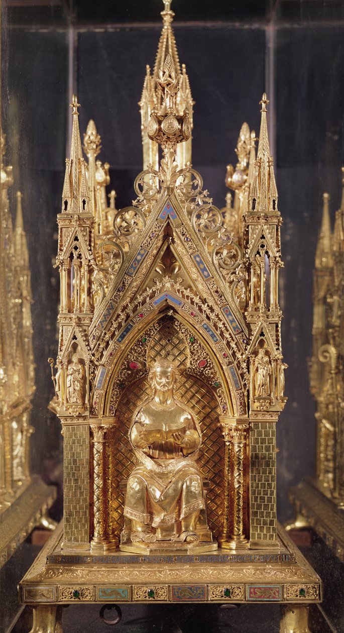 Figura sentada de Cristo, do Relicário de São Taurin (cobre dourado, esmalte e prata) de French School